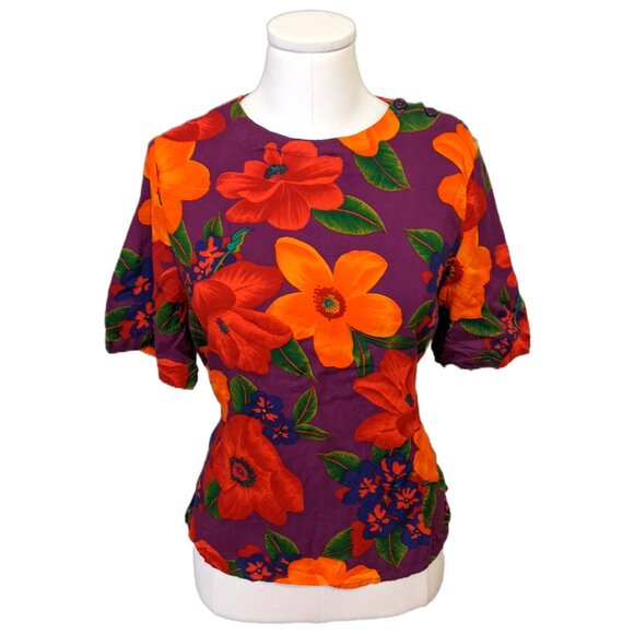 Vintage Tops - Vintage 80s Womens Tropical Floral Top Hawaiian Summer Vibrant Garden Vacation M
